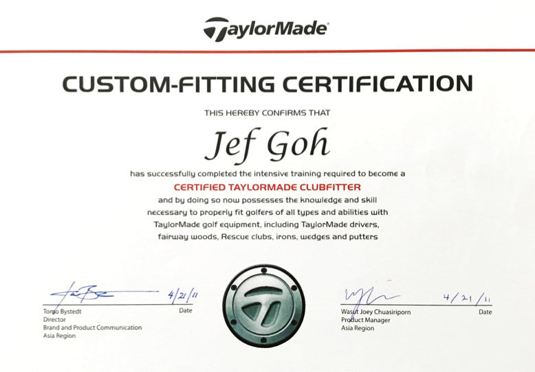 TaylorMade Official Club Fitter Certificate